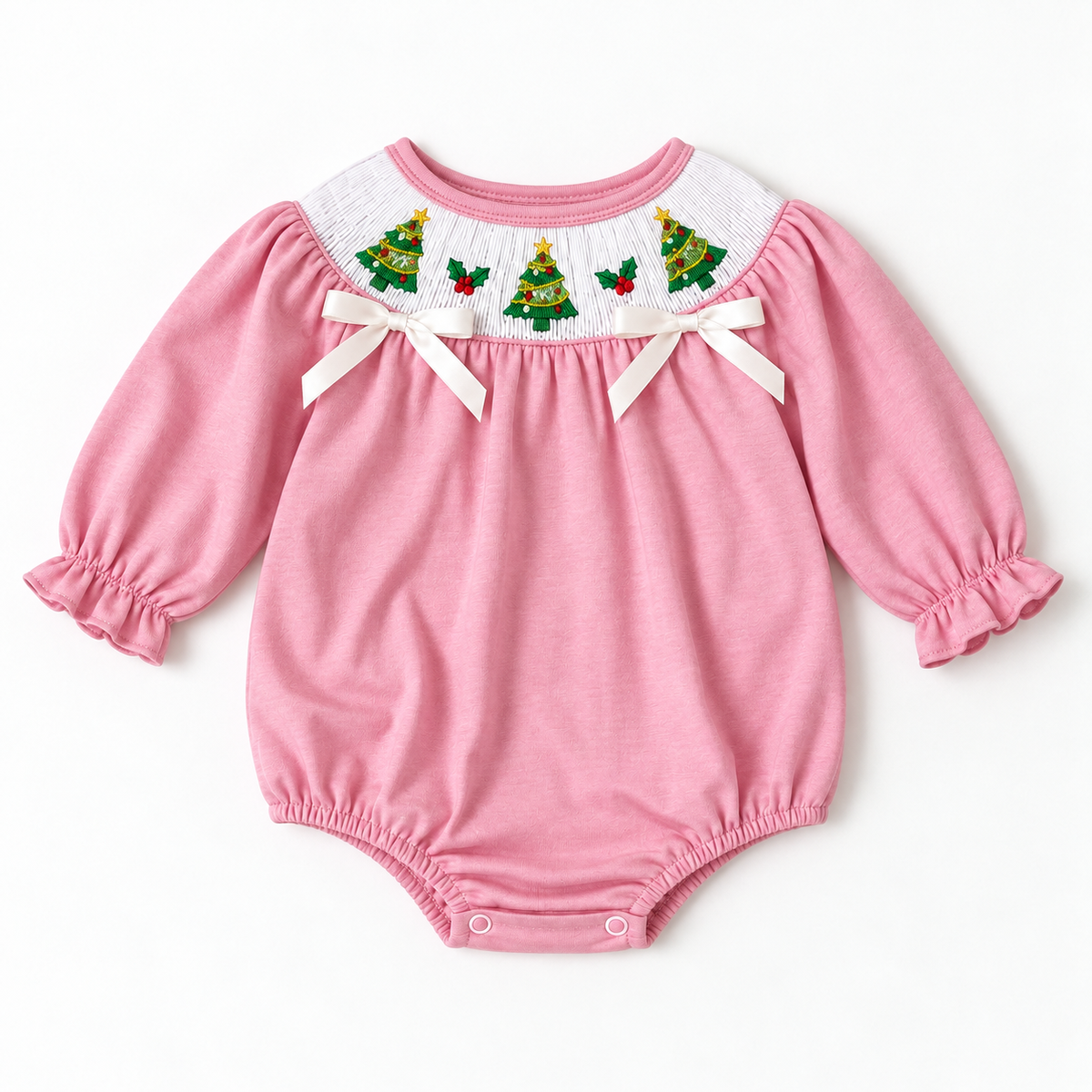 Pink Christmas Tree Smocked Bubble