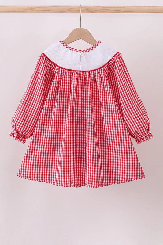 Red Woven Christmas Tree Reindeer Smocked Dress