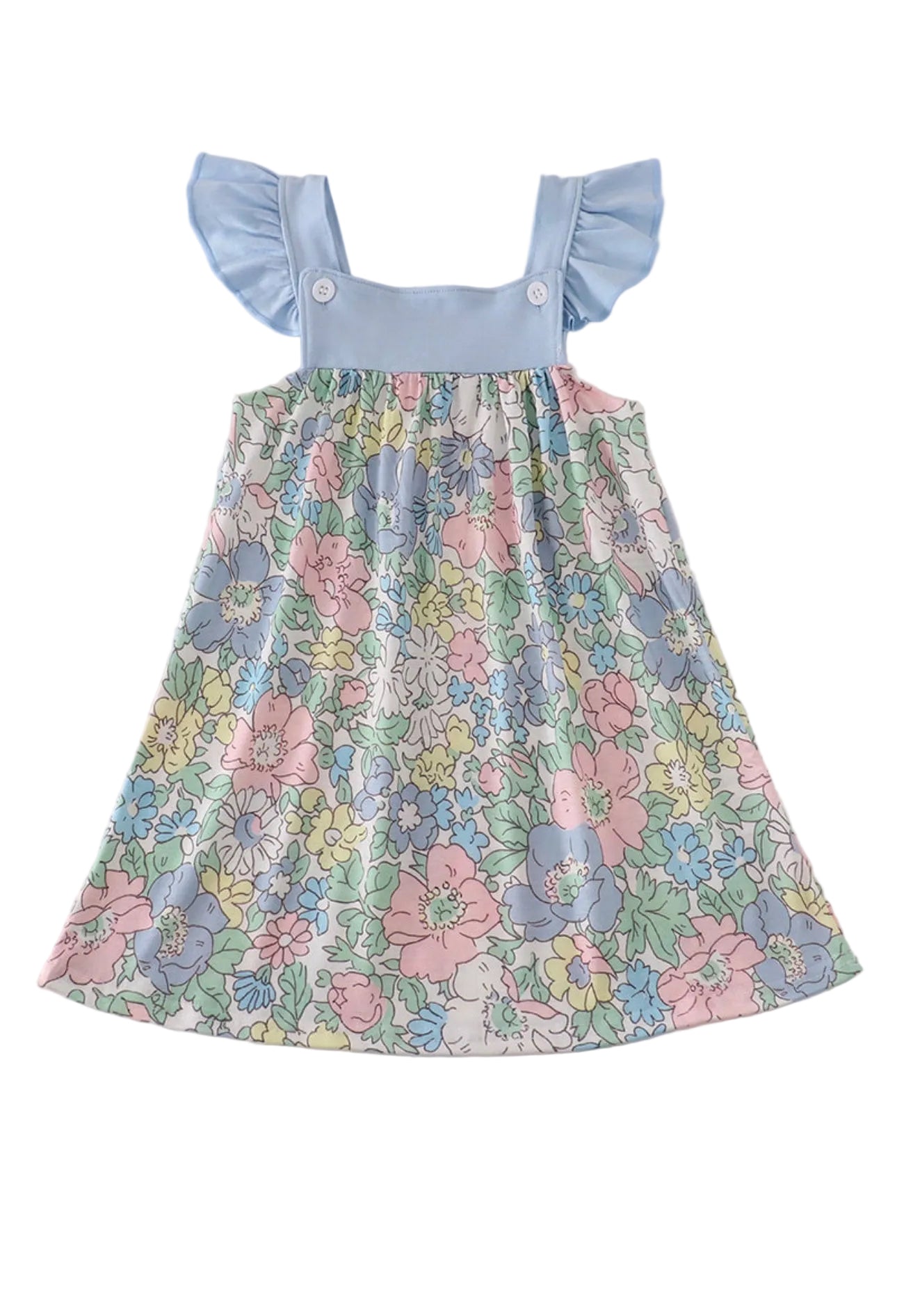 Blue Floral Print Ruffle Dress