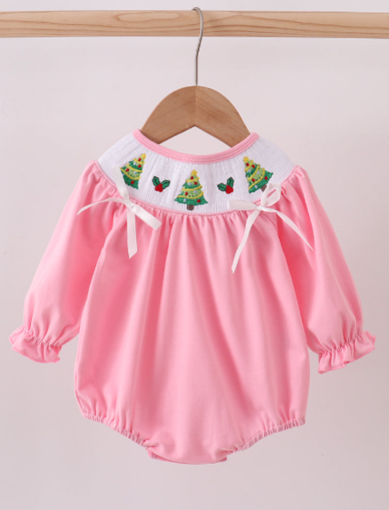 Pink Christmas Tree Smocked Bubble