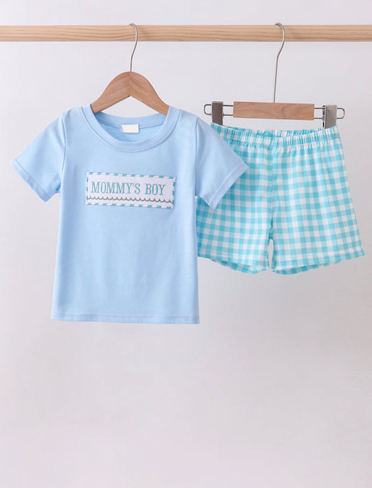 Mommy’s Boy Embroidery Gingham Shorts Set