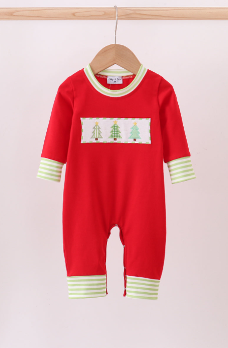 Red Christmas Tree Embroidery Romper