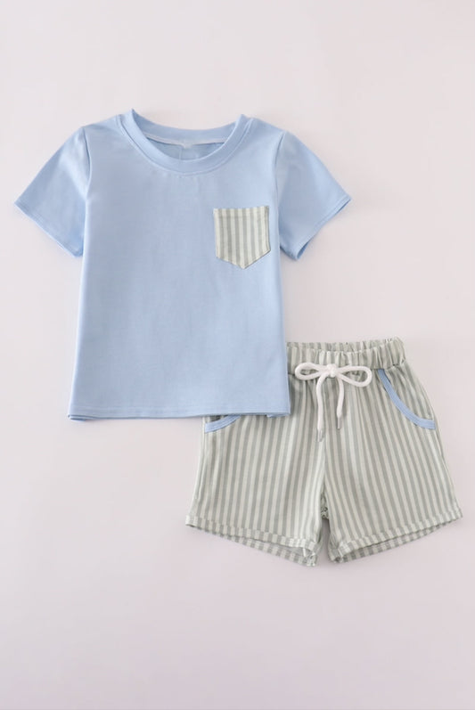 Blue Stripe Pocket Shorts Set