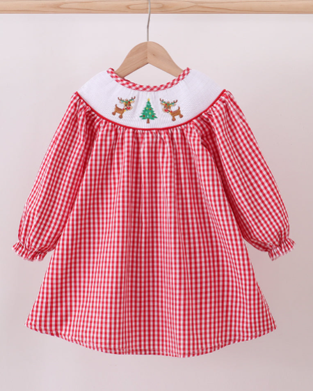 Red Woven Christmas Tree Reindeer Smocked Dress