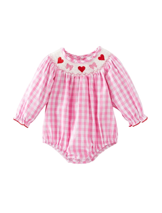 Heart Bow Smocking Embroidered Romper