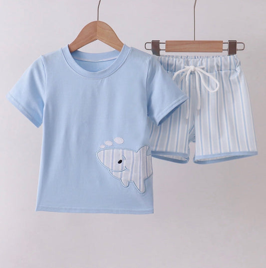 Blue Shark Applique Shorts Set