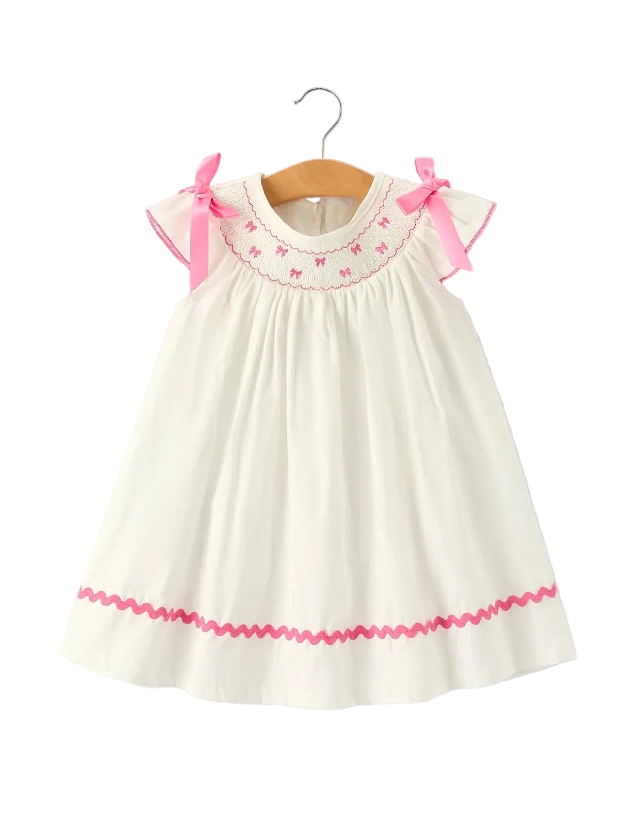Fall White Dress w. Pink Bow Embroidery