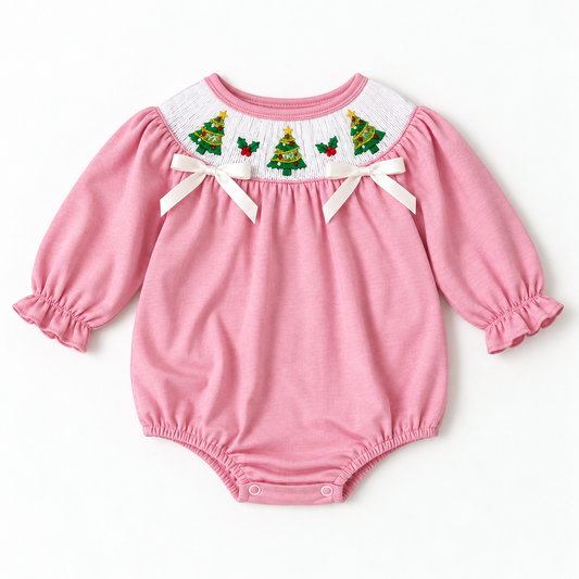 Pink Christmas Tree Smocked Bubble