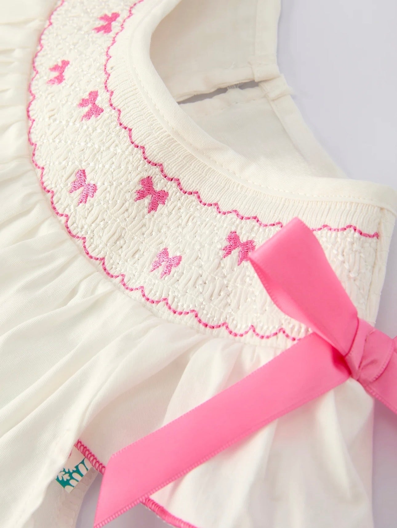 Fall White Dress w. Pink Bow Embroidery