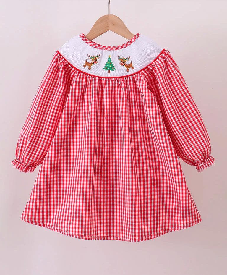 Red Woven Christmas Tree Reindeer Smocked Dress