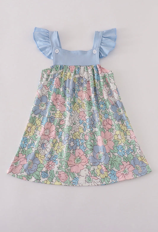 Blue Floral Print Ruffle Dress