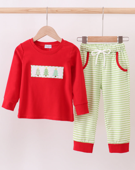 Red Christmas Tree Embroidery Pants Set