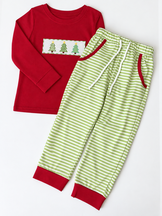 Red Christmas Tree Pants Set