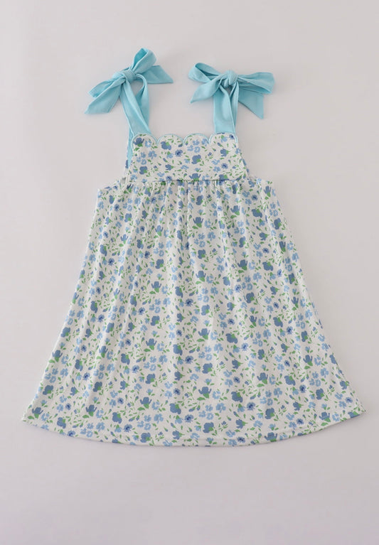 Blue Floral Print Bow Dress